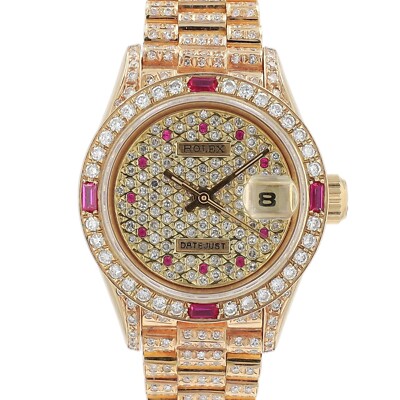 Rolex Lady Datejust 69178 18KY Gold Diamond Ruby Watch President Loaded ...