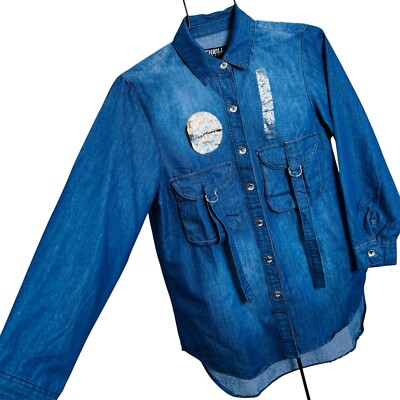 Thrill Jeans Collection Tunic Top Womens XL Denim Blue Long Blouse 2 Pockets