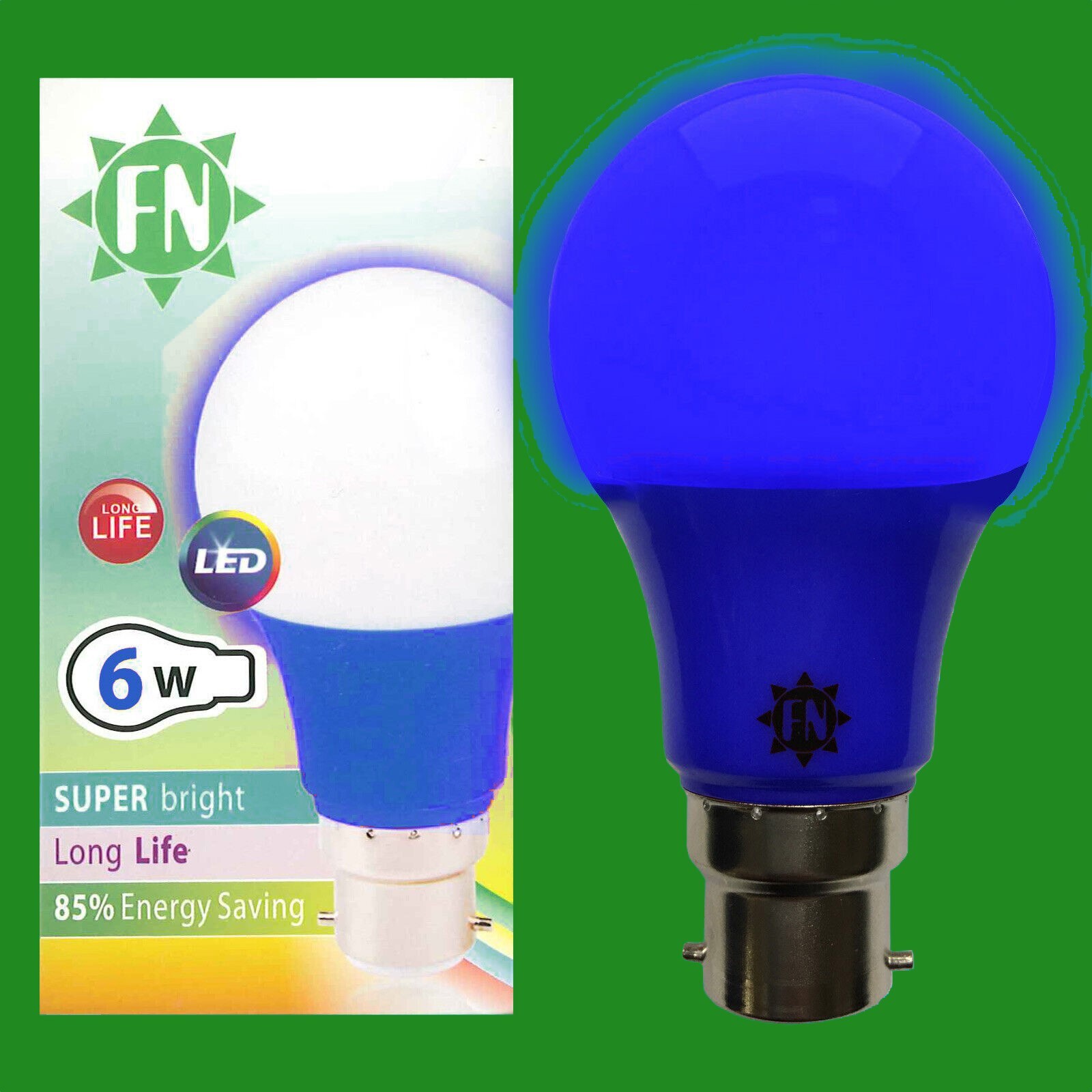 2x 6W LED Blue Coloured GLS A60 Light Bulb Lamp BC B22 Low Energy 110 - 265V
