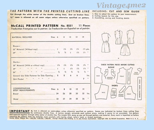 50er Jahre Vintage McCalls Schnittmuster 8051 kleine Mädchen Bluse & Shorts Größe 10 - Bild 4 von 5