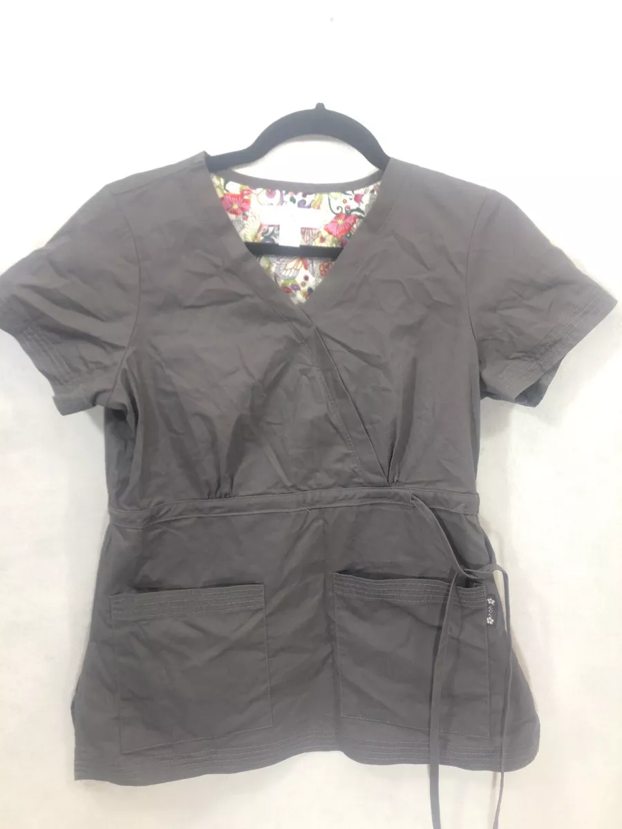 Koi By Kathy Peterson Womens S Scrub Top Gray Pockets V Neck Short Sleeve Small