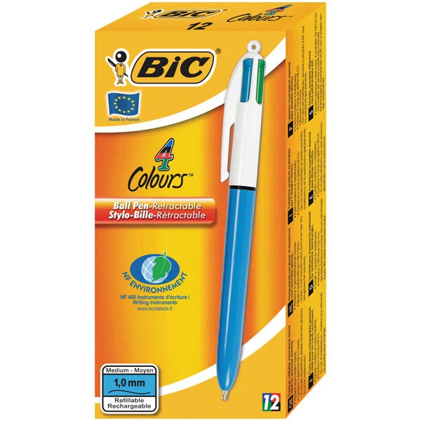 BIC 4 Couleurs Original Fine – Lot De 12 Stylos-Bille Pointe Fine 0,8 Mm, Rechargeable, Fabriqué En France