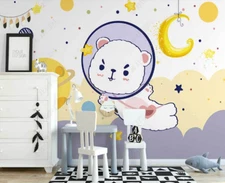 3D Bear Moon Planet Astronaut Kids Self-adhesive Removeable Wallpaper Wall Mural