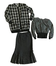 Sz 6 Valentino Cardigan Top And Skirt Set Tweed Black Gray Wool Plaid Tartan Vtg
