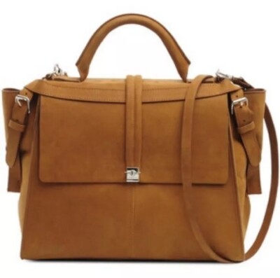 CARVEN TAN NUBUCK LEATHER BUCKLE SATCHEL HANDBAG WITH STRAP - MSRP $850