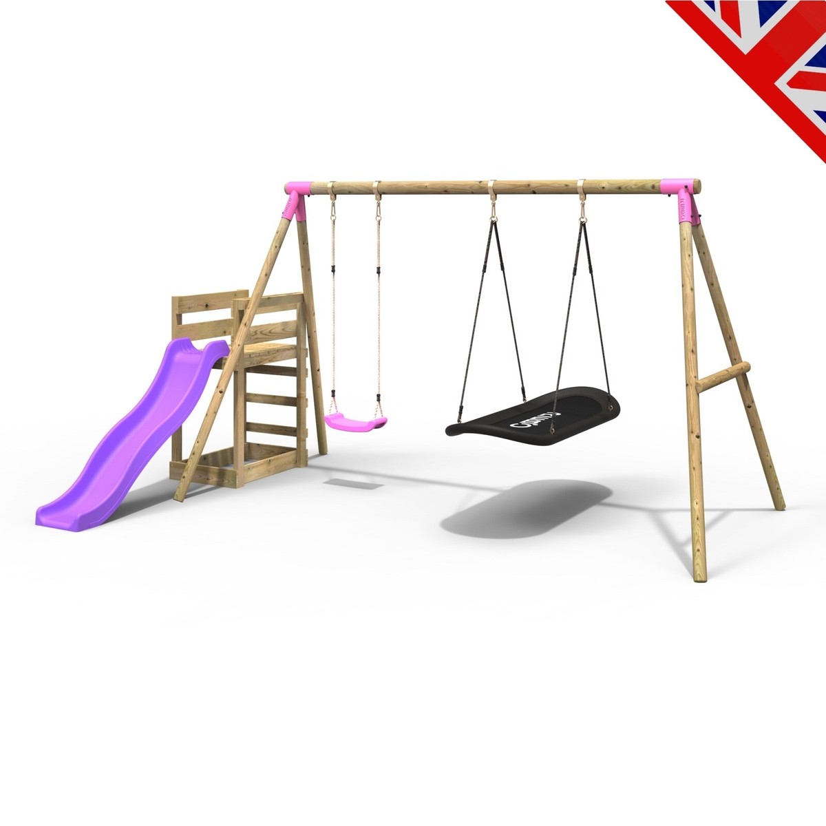 Rebo Wooden Swing Set plus Deck Slide Meteorite Pink UK