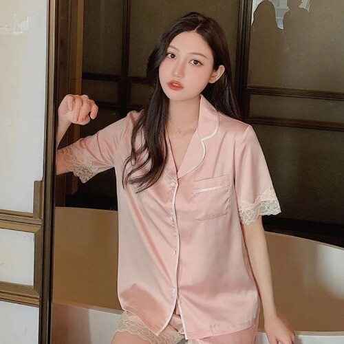 Pajama Sets Women Ins Patchwork Aesthetic Lace Classic Turn-down CollarSleepwear - Bild 2 von 26