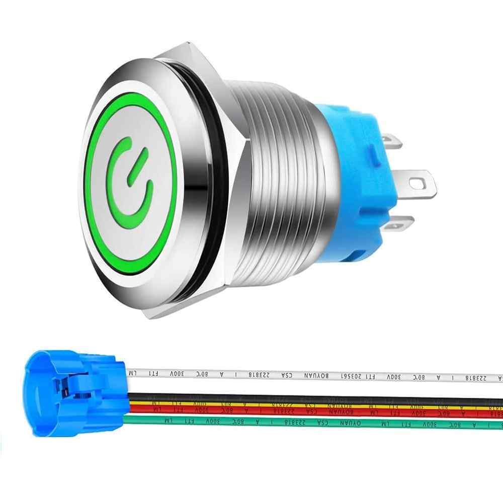 Interruptor De Botón De Bloqueo 19 Mm On/off 12v-24v 5a Led Verd