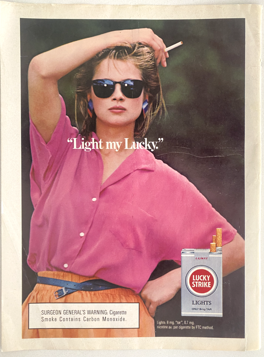 Lucky Strike Cigarettes Light My Lucky. Vintage 1986 Magazine Ad