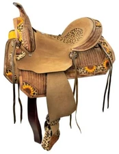 14", 15", 16" Double T Hard Seat Barrel style saddle with Cheetah Seat & accents