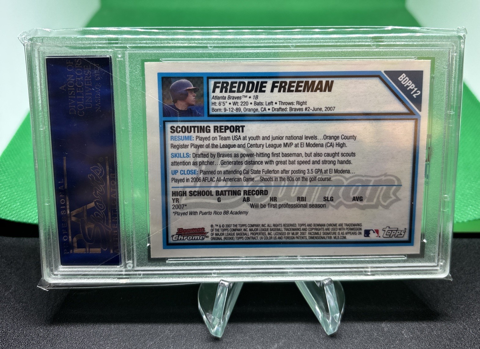 2007 Bowman Chrome #BDPP12 Freddie Freeman Draft Picks & Prospects PSA 10 GEM MT view 2