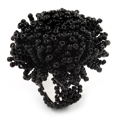Großer Blumenstretchring mit schwarzen Glasperlen
