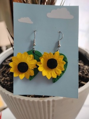 Handcrafted Sunflower Polymer Clay Mixed M edia Earrimgs