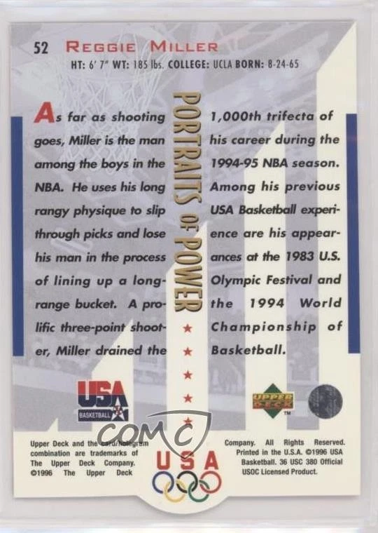 1996 Upper Deck USA Basketball Deluxe Gold Edition Reggie Miller #52 HOF - Image 2 of 2