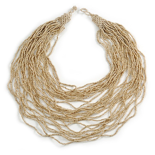 Chunky Antique White Glass Bead Bib Multistrand Layered Necklace - 80cm L