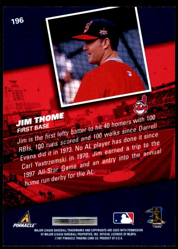 Jim Thome 1998 Pinnacle #196 Indians MLB READ FREE SHIPPING AutographDen - Image 2 of 2