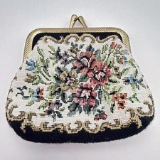 VTG Petit Point Needlepoint Floral Coin Purse Gold Tone Metal Kiss Lock Mesh
