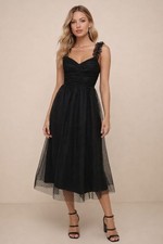 Lulus Forever Celebrated Midi Dress Sz XS Black Swiss Dot Ruffled Tulle Coquette