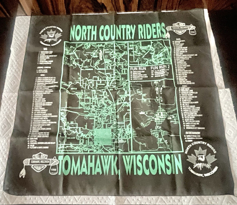 RARE 1998 North Country Riders Tomahawk Wisconsin Fall Ride Bandana Map Print
