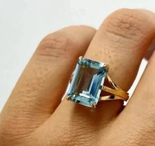 Bague de mariage diamant aigue-marine taille émeraude 2,85 ct or jaune massif...