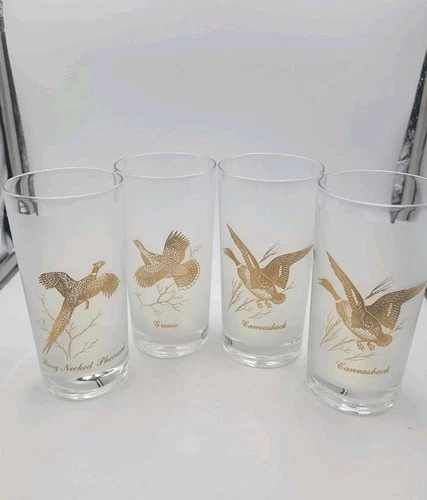 4 Vintage Federal Frosted Gold Wild Game Birds Glasses Highball Tumblers