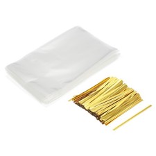 Clear Plastic Bags 6"x4" with 3" Foil Twist Ties Gold Tone 200 Set