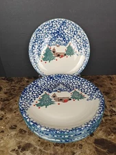 Set Of 8 Tienshan Folk Craft Cabin in the Snow Dinner Plates Winter Christmas 