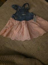 OshKosh Baby Girl 18m Cotton Denim Blue Jean Overalls Dress w Lace Skirt Lined
