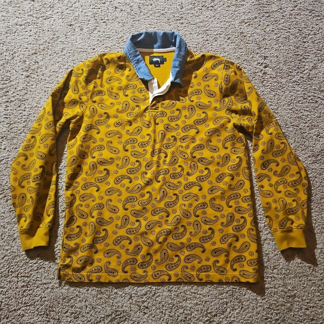 Stussy Rugby Shirt Mens Large Yellow Paisley Denim Collar | eBay