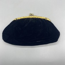 VTG Clutch Bag Faux Pearl Studded Black Smooth Velvet Evening Kiss Lock Purse