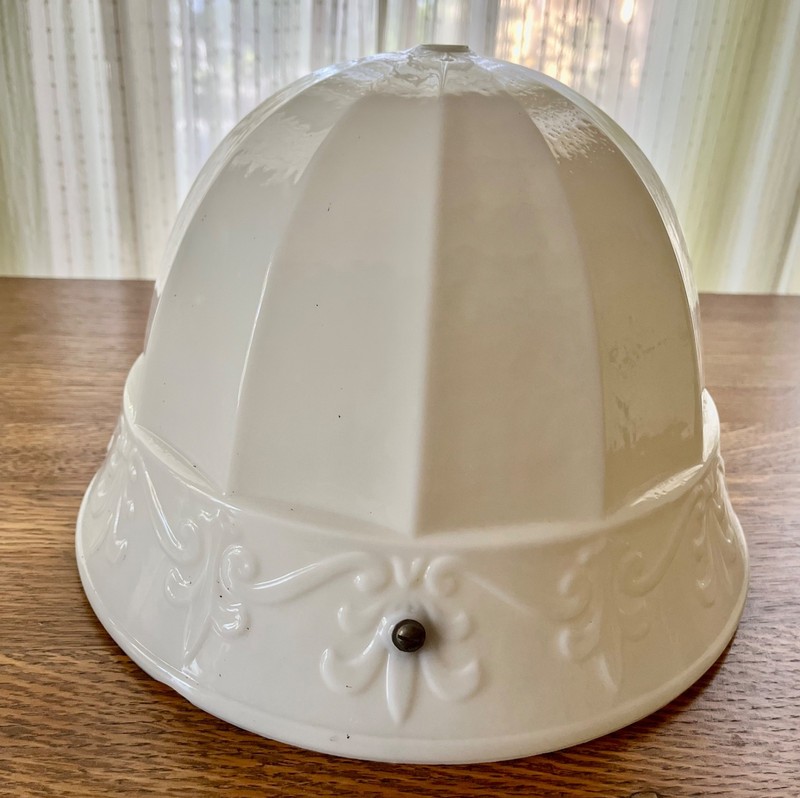 Antique Victorian Fleur De Lis Large Milk Glass 3 Chain Ceiling Light Shade