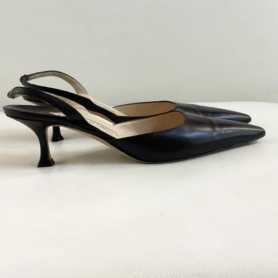 Manolo Blahnik из черной кожи слинга котенок каблук женские туфли размер 9,5 - Изображение 3 из 4