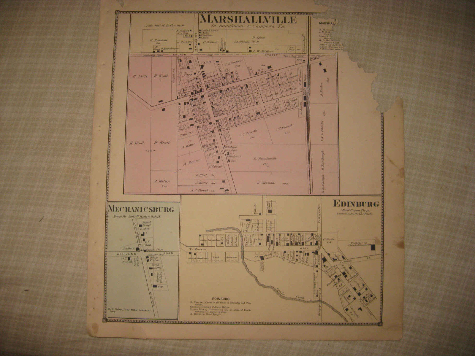 ANTIQUE 1873 MARSHALLVILLE EDINBURG WAYNE COUNTY OHIO HANDCOLORED MAP