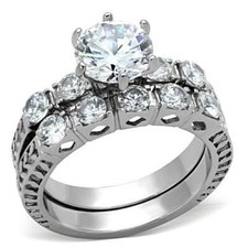 Silver Engagement ring set cz wedding band silver stainless steel solitaire 3ct