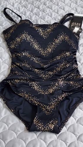 Coco Reef Contours Black/Gold Ruched Control One Piece Size 34C 8 Swimsuit NWT
