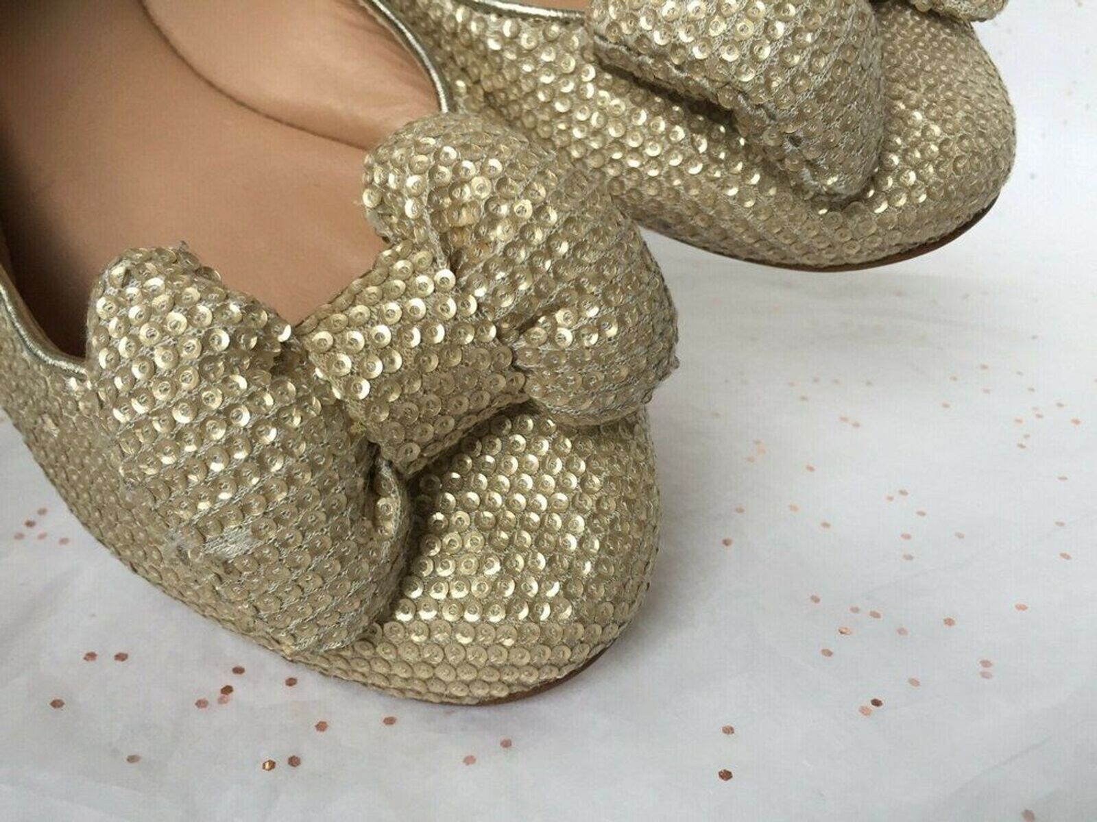 See by Chloe Beige Gold Sequin Puffy Bow Ballerin… - image 5