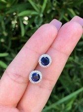 3Ct Round Cut Lab Created Blue Sapphire Halo Stud Earring 14k White Gold Finish