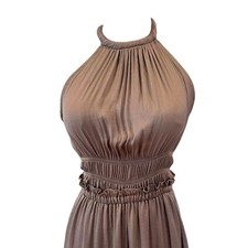 T Tahari Taupe Brown/Grey Midi Dress Halter Sleeveless XS Smocked Waist