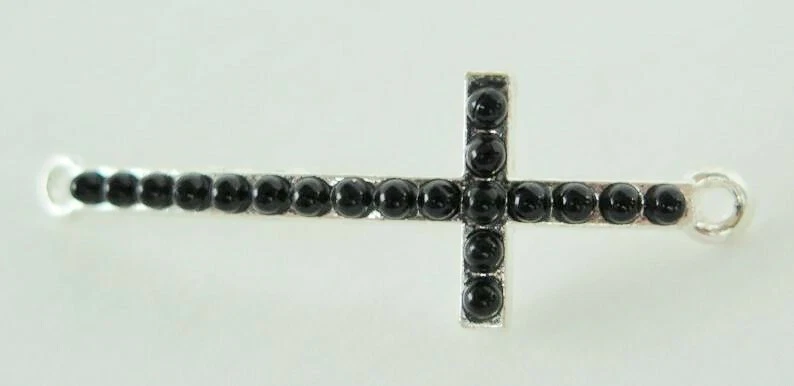 Cross Connector Faux Black Pearls on Silver Toned Metal Cross Connector 1pc - Image 2 of 4