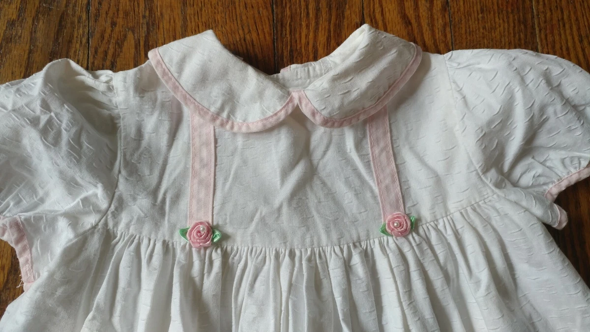 Baby Girl 12 Months Polly Flinders Dress White w Pink Trim Short