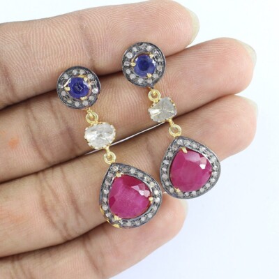 Ruby & Sapphire, Polki Diamond Earring Handmade Earring 925 Sterling Silver Gift