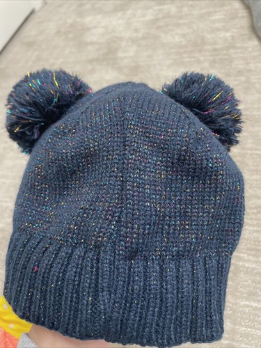 Toddlers Monster Beanie Knit Hat Blue w/ Pom Pom Mutlicolor Metallic 2 - 5T Cap - Picture 3 of 9
