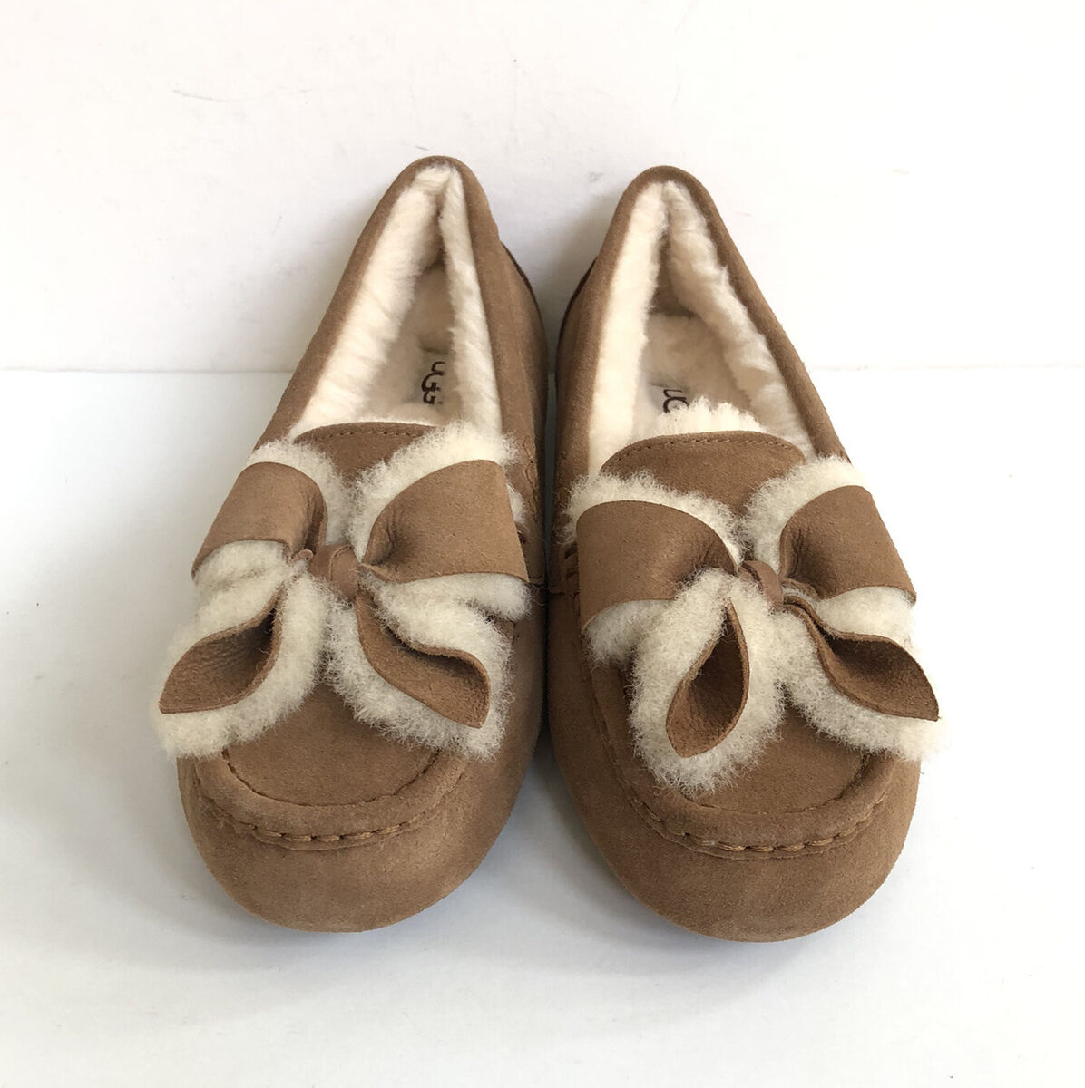 UGG ANSLEY HERITAGE BOW CHESTNUT SHEARLING MOCCASIN SHOE US UGG ANSLEY HERITAGE BOW CHESTNUT SHEARLING MOCCASIN SHOE US