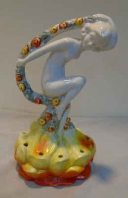 Vintage Porcelain ART DECO NUDE LADY Garland FLOWER FROG 7.25'' Germany FREE SHIP