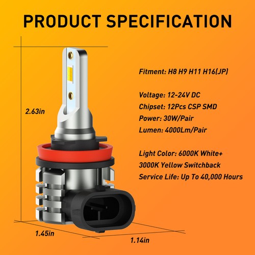 Switchback White & Amber H11 H8 LED Fog Light Driving Light Bulbs Kit 10000LM US - Foto 4 di 18