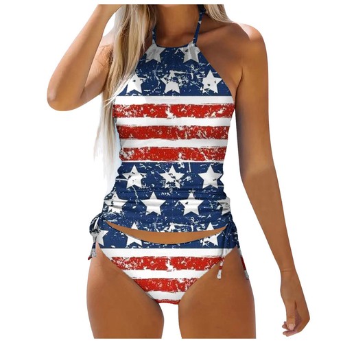 Women's Tankini Set Summer Independence Day Printed Sexy Lace Up Split Swimsuit - Picture 54 of 92