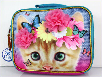 Yellow Tabby KITTY CAT Insulated LUNCH Box Bag Pink Flowers /& Jewels