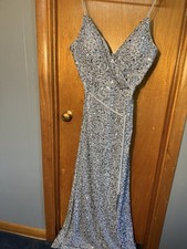 Mother of Bride or Prom Adrianna Papell Blue Sequin Beaded Gown Dress 12 Zip