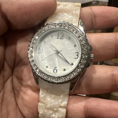 Working Crystal Bezel Womens Silver/Mother Of Pearl Fancy Band 38mm Fit 6.5in