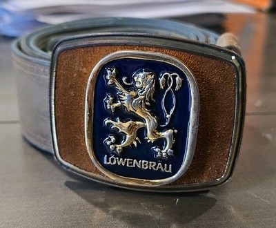 Lowenbrau Beer Belt Buckle , Raintree, Vintage With Tan Belt 